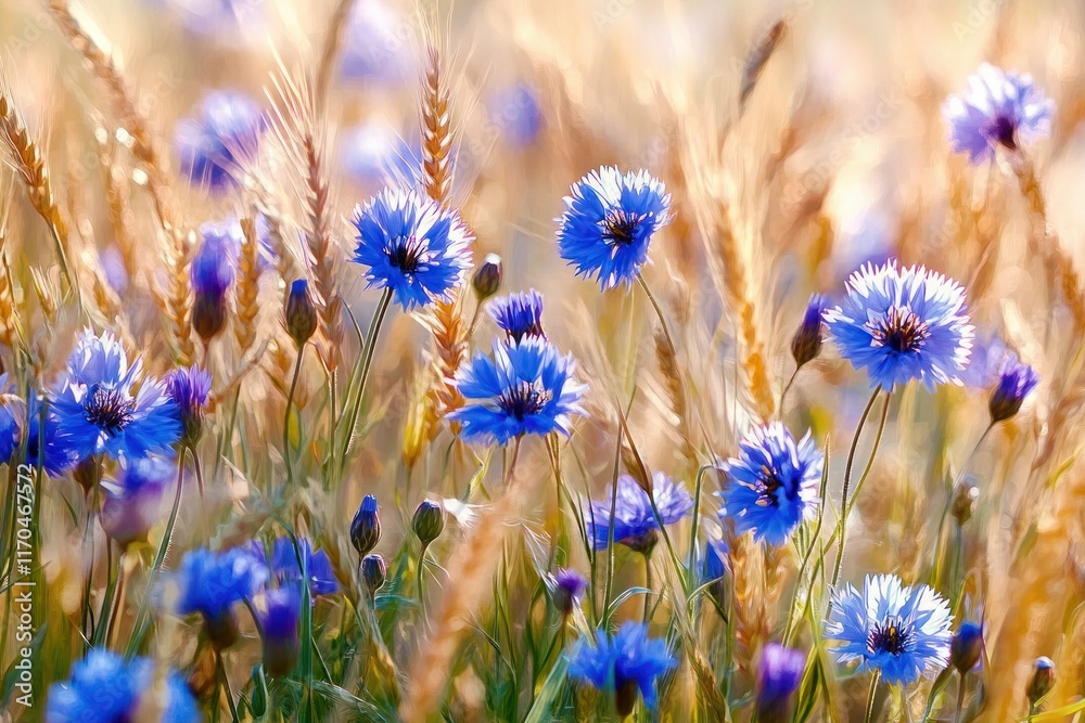 Blue Cornflowers and Golden Wheat Field Under Bright Sunlight in Pastoral Landscape Blue Cornflowers and Golden Wheat Field Under Bright Sunlight in Pastoral Landscape