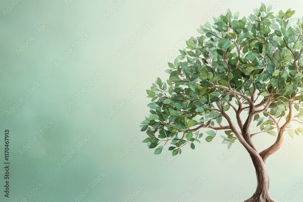 Lush Green Tree with Vibrant Leaves Set Against a Soft Green Background, Ideal for Nature-Themed Designs, Illustrations, and Eco-Friendly Projects Lush Green Tree with Vibrant Leaves Set Against a Soft Green Background, Ideal for Nature-Themed Designs, Illustrations, and Eco-Friendly Projects