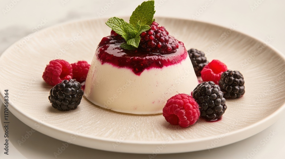 Panna cotta with berry coulis and mint leaves Panna cotta with berry coulis and mint leaves