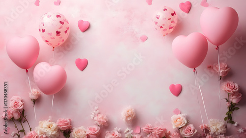 Romantic 3d abstract design with ballon and heart in pink pastel colour, for design 