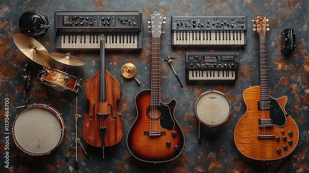 Naklejka premium Musical Instruments Arranged For A Band Performance
