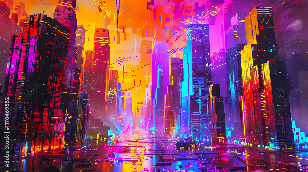 Obraz premium Illustrate a futuristic cityscape in pixel art form, with abstract geometric shapes in a symphony of neon colors, using glitch art techniques to portray a surreal and edgy landscape