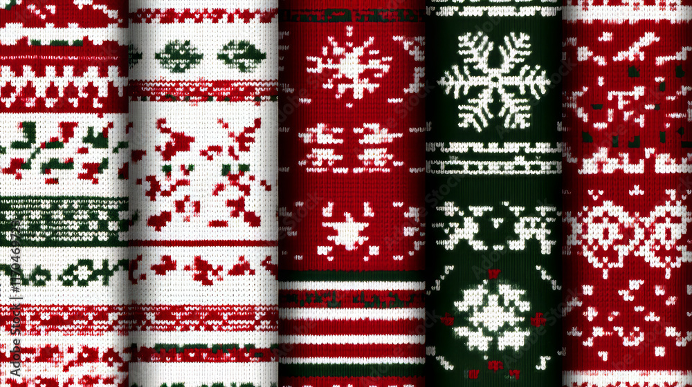 Christmas knit patterns, sweater texture. Vector seamless knitted background set with xmas and new year winter scandinavian ornaments in traditional red, white or green colors. Holiday festive crochet Christmas knit patterns, sweater texture. Vector seamless knitted background set with xmas and new year winter scandinavian ornaments in traditional red, white or green colors. Holiday festive crochet