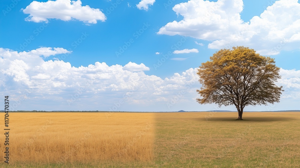 Half photo highlighting the effects of climate change: a cracked dry earth with a dead tree on the left, and a fertile green field on the right Half photo highlighting the effects of climate change: a cracked dry earth with a dead tree on the left, and a fertile green field on the right