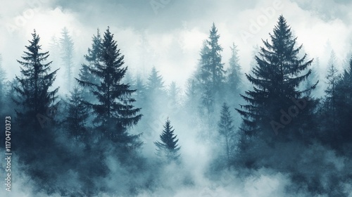 Misty Forest Landscape, Mountains, Fog, Trees, Nature, Background, Wallpaper, Design