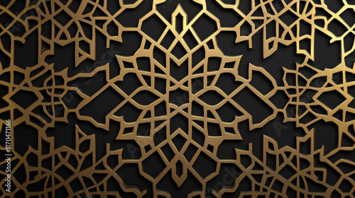 Arabesque arabic seamless pattern. Mashrabiya islamic backdrop. Moroccan or turkish ethnic ornaments, mashrabiya arabic pattern, textile or fabric oriental print with gold lines on black background photo