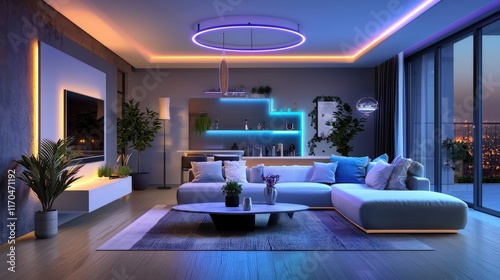 A modern living room featuring stylish furniture  vibrant LED lighting  and panoramic views of the city skyline at dusk.