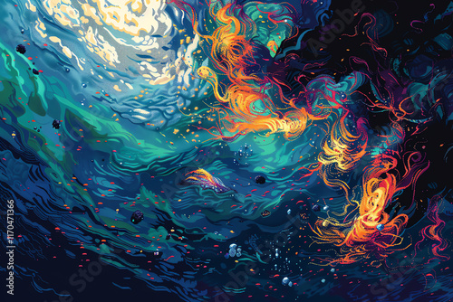 Infuse the tranquility of underwater scenes with an abstract twist, creating a pixel art depiction of impressionism in a close-up shot Pixel art technique, swirling currents, dreamlike marine life photo