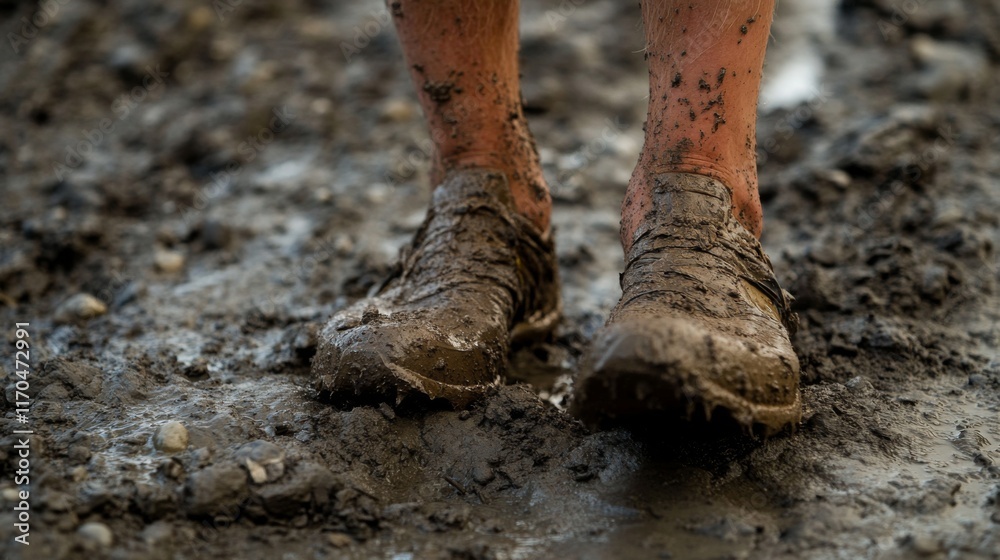 Muddy shoes and legs after outdoor activity. Muddy shoes and legs after outdoor activity.