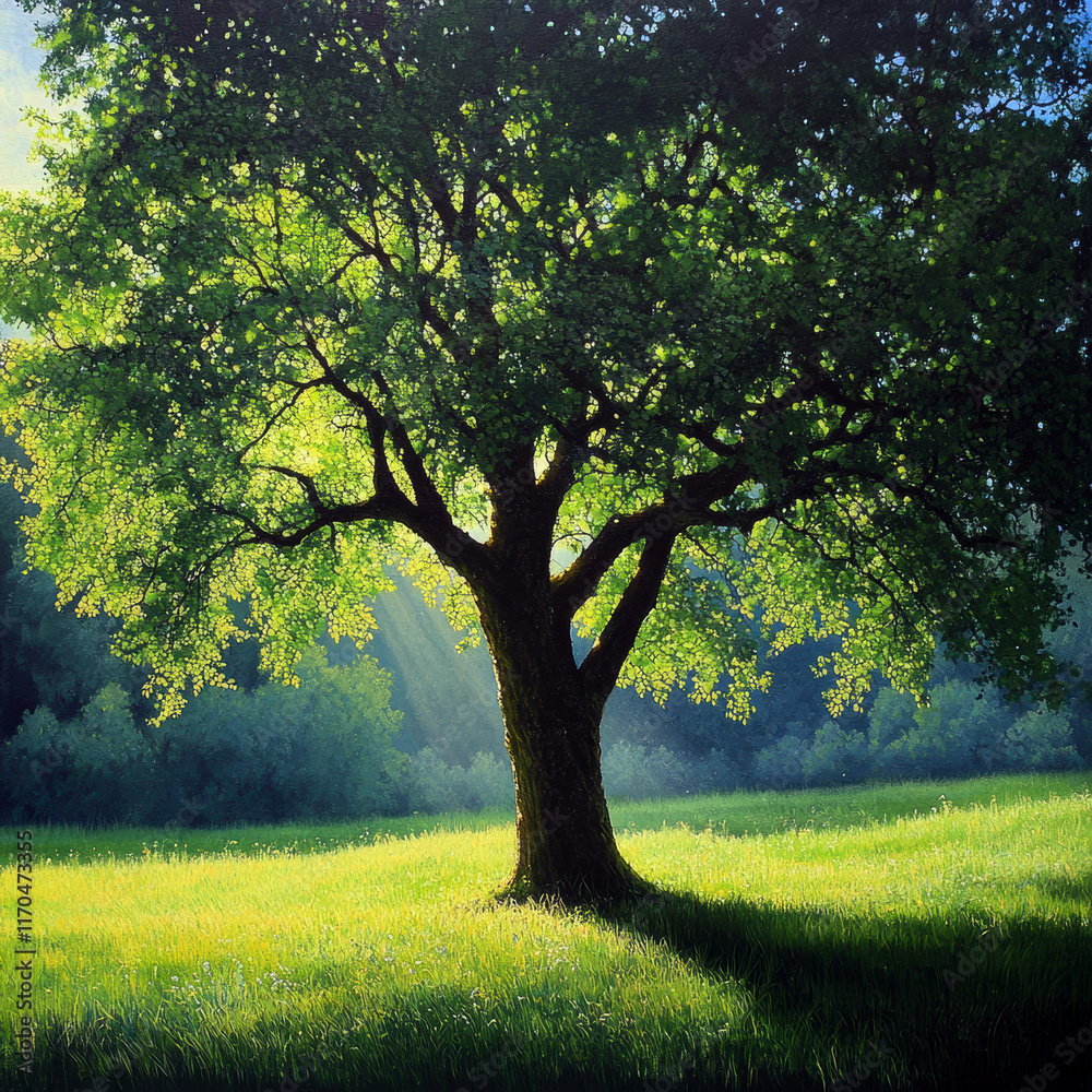 A majestic tree stands gracefully in a lush green meadow, illuminated by soft rays of sunlight, creating a tranquil and peaceful atmosphere, perfect for reflection and inspiration. A majestic tree stands gracefully in a lush green meadow, illuminated by soft rays of sunlight, creating a tranquil and peaceful atmosphere, perfect for reflection and inspiration.