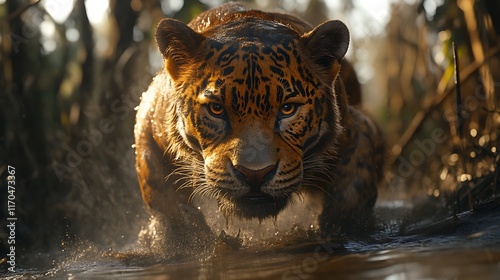 Majestic Jaguar Emerging From Swampy Waters
