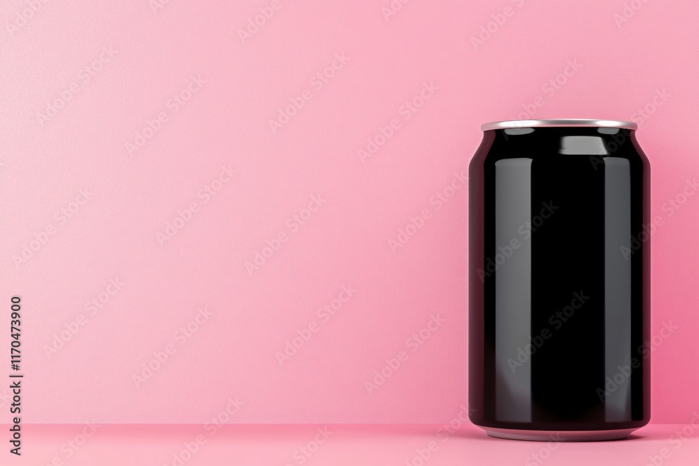 Black beverage can on a pastel pink background showcasing minimalistic design aesthetics Black beverage can on a pastel pink background showcasing minimalistic design aesthetics