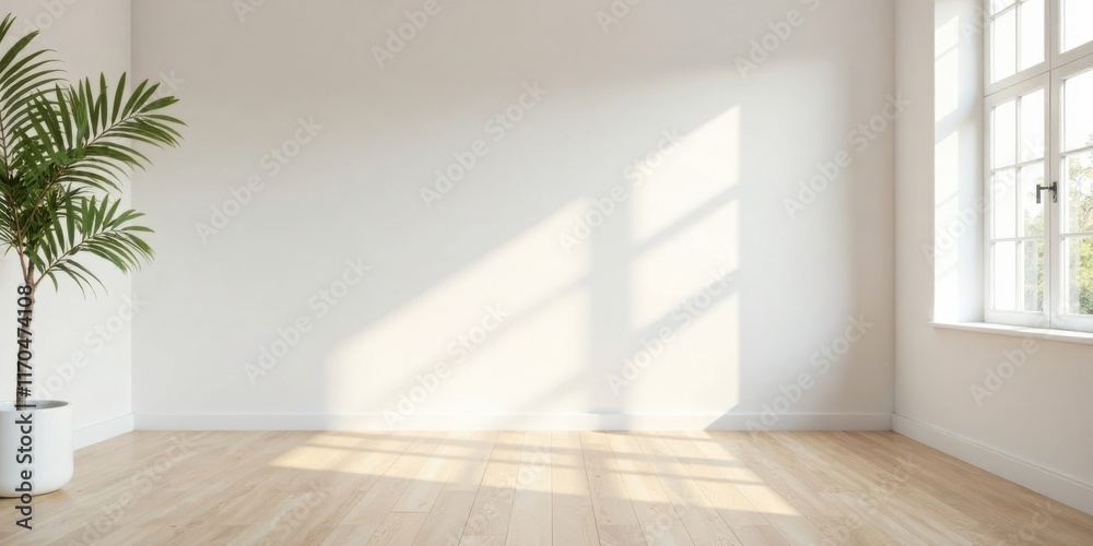 Fototapeta premium Bright Empty Room with Sunlight Streaming Through Window and Plant