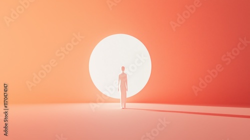 A solitary figure stands before a bright circular opening photo