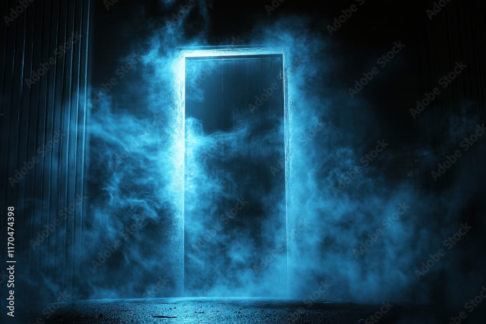 Obraz premium Mysterious glowing door shrouded in blue smoke, an enigmatic entrance to the unknown.
