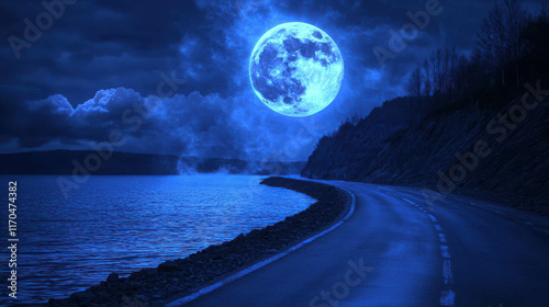 Moonlit Highway Along Enchanted Lake Under Glowing Full Moonlight Night photo