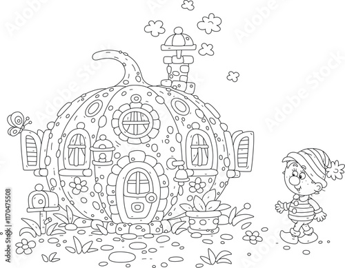 Funny little gnome and his cozy small house made from a big orange pumpkin with decorated windows and curtains, a beautiful door and a chimney pipe, black and white vector cartoon illustration