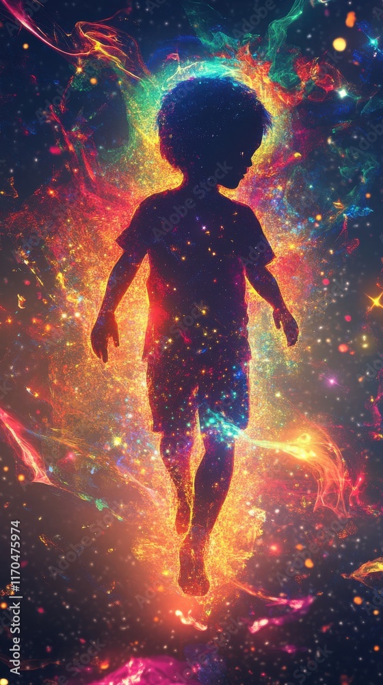 Naklejka premium Child embracing a vibrant cosmic glow in a mystical landscape under a starry sky during twilight
