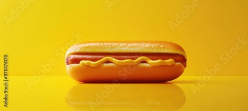 Minimalist Hot Dog with Mustard on Bright Yellow Background Modern Food Photography photo