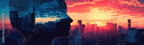 Wallpaper Mural Vibrant silhouette of a person gazing at a stunning sunset over a city skyline with colorful clouds Torontodigital.ca