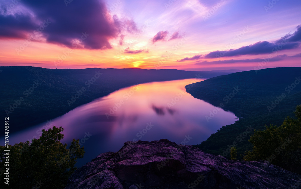 Fototapeta premium A tranquil scene featuring a solitary boat floating gently on the calm waters, reflecting the stunning hues of sunset in the sky above.