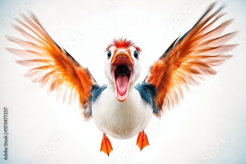 Komische Ente mit ausgebreiteten Flügeln und weit geöffnetem Schnabel, vor weißem Hintergrund, in dynamischer und humorvoller Pose