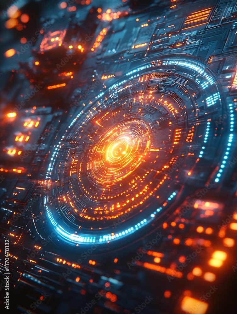 Obraz premium Intricately Detailed Futuristic Tech 3D Render: Glowing Circuitry Close-Up. AI Generated