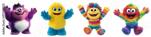 Set of a cute, colorful, fluffy monster smiling and waving, isolated on a transparent background.