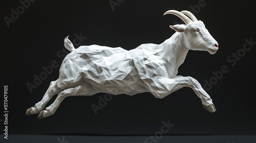 3D White Goat in Mid-Air Jump on Dark Background photo