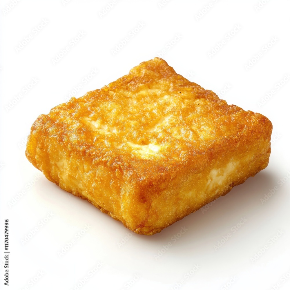 Golden fried tofu square served on a white background showcasing its crispy texture and delicious appearance Golden fried tofu square served on a white background showcasing its crispy texture and delicious appearance