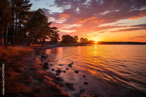 As sun dips below horizon, delta transforms into a mesmerizing spectacle, with its vibrant hues painting sky, serene river flowing gently, and ethereal glow of fading light casting a spell on this idy photo