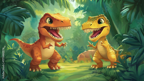 Dino park banner with cartoon dinosaur characters and prehistoric lizards, vector background. Kids Jurassic dino park exhibition or paleontology animals museum and entertainment event poster