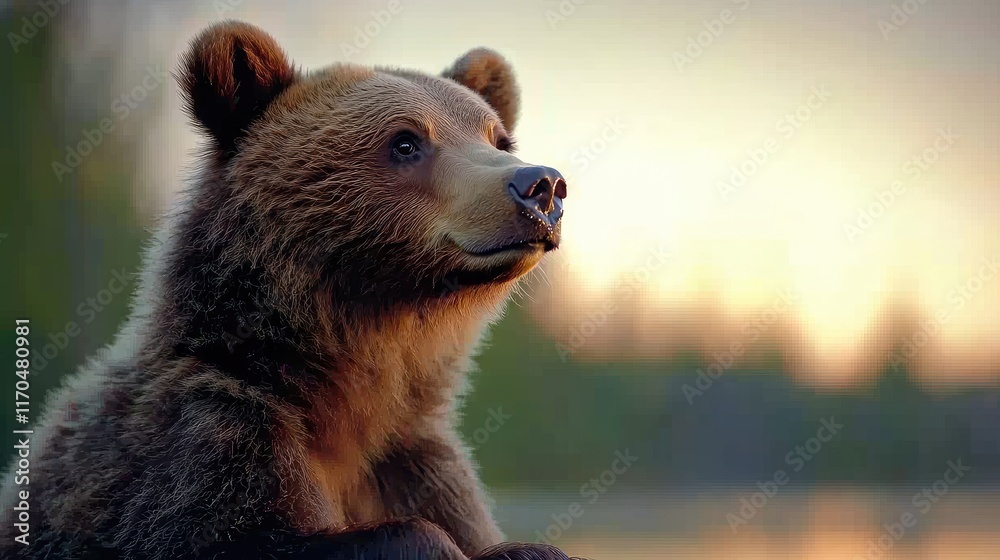 Obraz premium Grizzly bear portrait at sunrise in nature wildlife photography calm environment close-up viewpoint