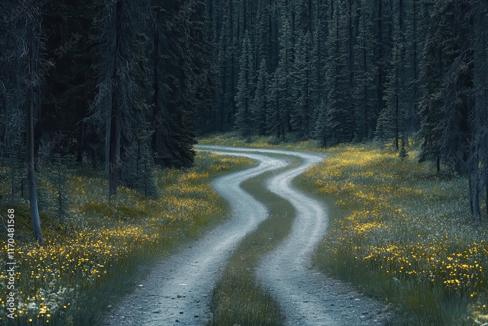 Fototapeta premium Winding dirt road through a lush forest, wildflowers blooming along the sides.