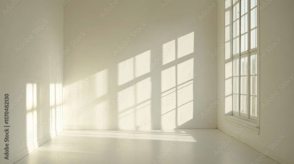 Bright and Serene Empty Room with Natural Light Casting Soft Shadows on White Walls and Floor, Ideal for Minimalist and Modern Interior Design Photography Bright and Serene Empty Room with Natural Light Casting Soft Shadows on White Walls and Floor, Ideal for Minimalist and Modern Interior Design Photography