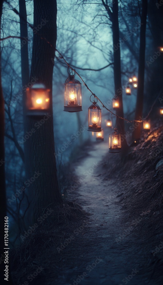 Enchanted forest path lit by hanging lanterns. A magical, mystical scene perfect for fantasy or fairytale themes. Enchanted forest path lit by hanging lanterns. A magical, mystical scene perfect for fantasy or fairytale themes.