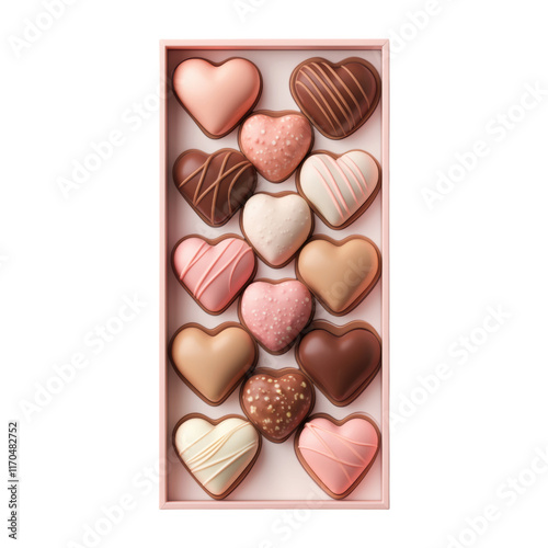 A selection of heart-shaped chocolates in various colors and textures, arranged neatly in a box.