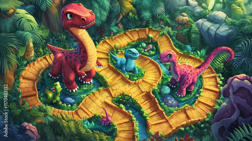 Kids labyrinth maze game, help to dinosaurs find them kids. Cartoon vector colorful children workout with various dino and their offspring eggs in a lush prehistoric jungle landscape with tangled path photo