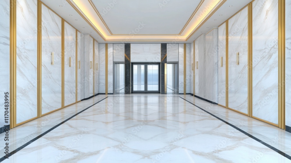 Fototapeta premium a luxury hotel lobby with decorative plaster walls in a marble effect, enhanced by hand-painted gold accents