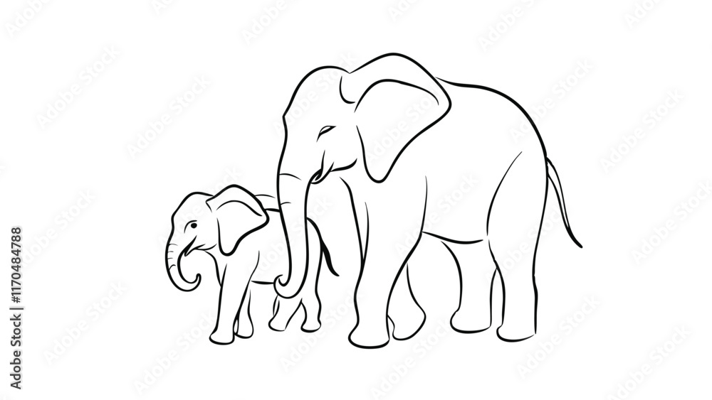 Fototapeta premium Elephant with baby symbol. one line drawing