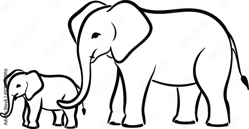 Fototapeta premium Elephant with baby symbol. one line drawing