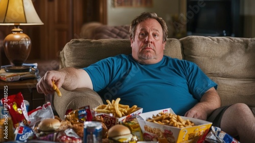 A fat man sitting on a couch surrounded by fast food and snacks.