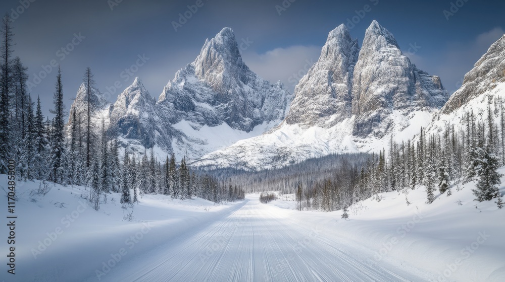 Snowy Mountain Peaks and Winter Trail Snowy Mountain Peaks and Winter Trail