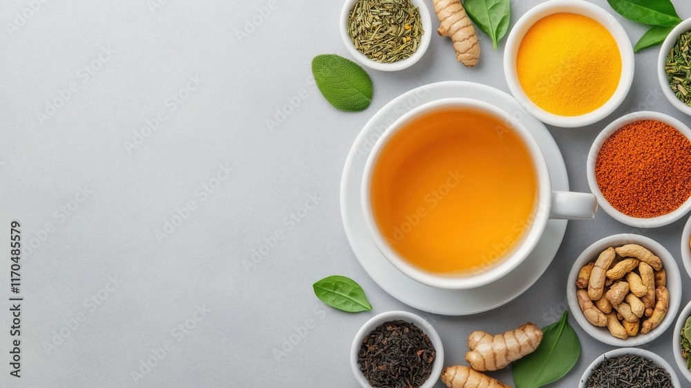 cup of hydrating herbal tea surrounded by various spices and herbs. This vibrant arrangement showcases natural ingredients used for wellness cup of hydrating herbal tea surrounded by various spices and herbs. This vibrant arrangement showcases natural ingredients used for wellness