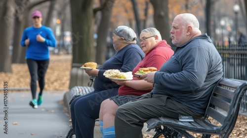 Three obese men enjoying food on a park bench while a jogger passes by.