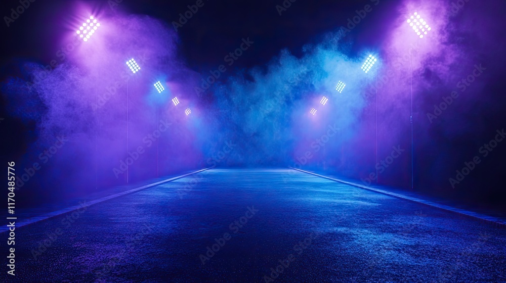 Futuristic Night Scene with Colorful Fog and Illuminating Lights on an Empty Road for Dramatic Visuals in Photography and Artistic Creations Futuristic Night Scene with Colorful Fog and Illuminating Lights on an Empty Road for Dramatic Visuals in Photography and Artistic Creations