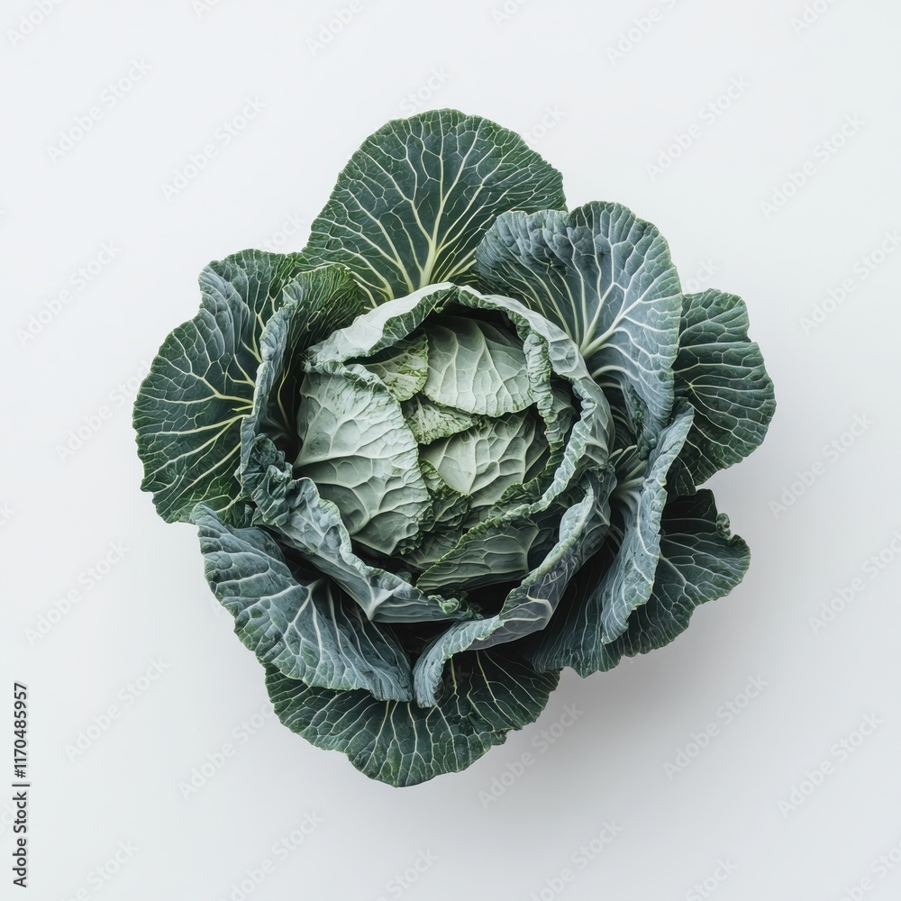 Obraz premium Fresh green cabbage with tightly packed leaves on a light background ready for cooking or salad preparation
