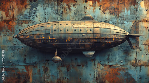Zeppelin rusty metal plate, vector vintage airship rust tin sign, dirigible flights retro poster. Air adventure, invitation or advertising grunge card. Antique transportation vehicle for air travel