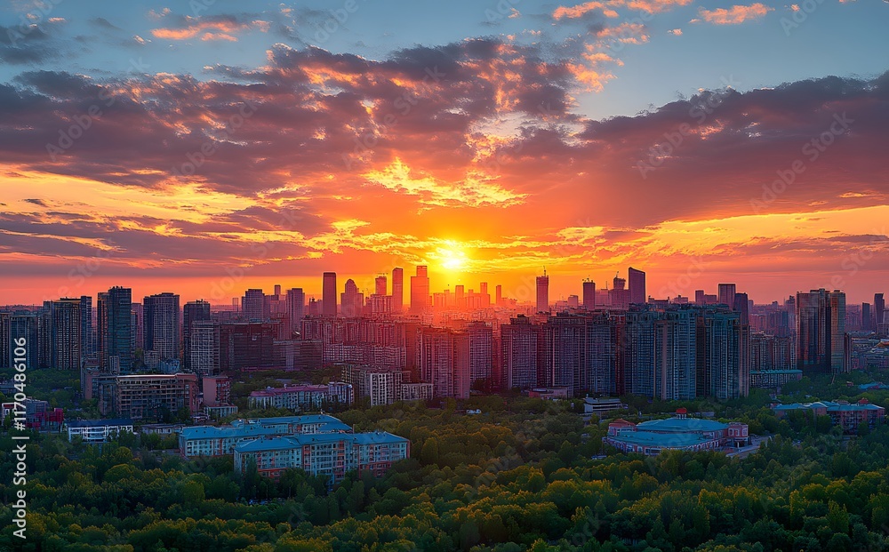 Fototapeta premium Cityscape Sunset Golden Hour Urban Skyline