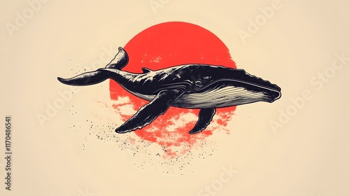 Humpback Whale Silhouette Against Red Sun Ocean Art